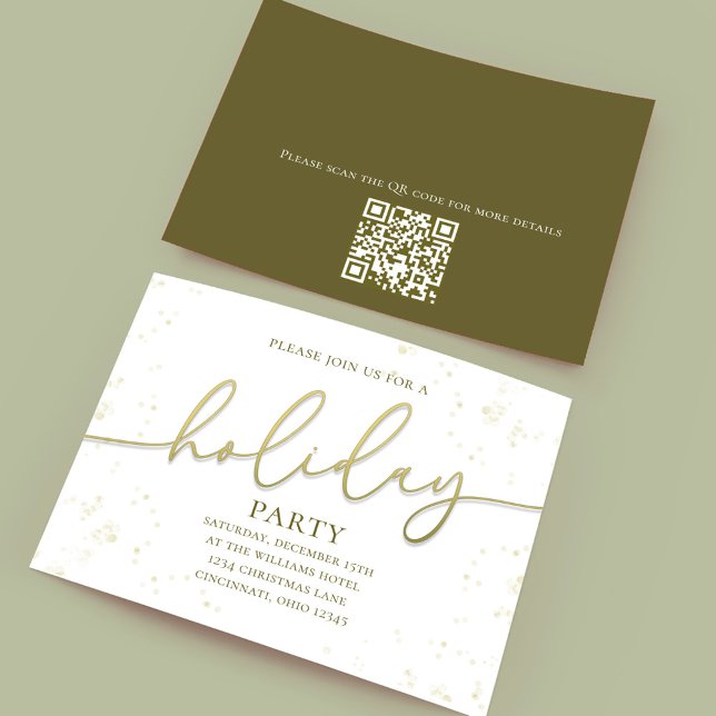 Invitación Código QR simple de caligrafía de oro de vacacione (Holiday party gold gradient calligraphy script invitation. With a scannable QR Code.)