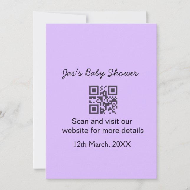 Invitación Código QR simple de shower de bebé morado agregar  (Anverso)
