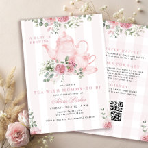 Código QR té rosa floral baby shower niña