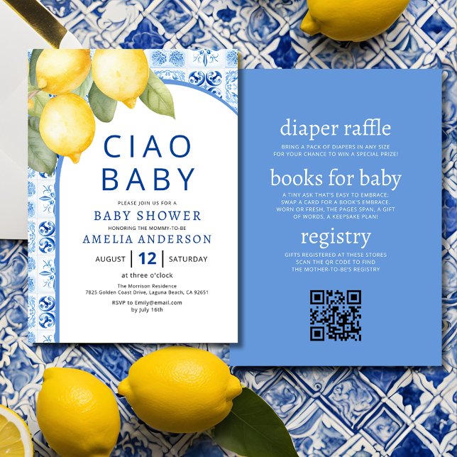 Invitación Código QR Tiles azules italianos Lemon Baby Shower (Subido por el creador)
