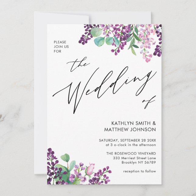 Invitación Código QR Todo En Un Boda Floral Lilac Púrpura (Anverso)