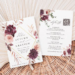 Invitación Código QR Todo En Un Boda Romance De Otoño<br><div class="desc">Esta invitación a la boda incluye una flor acuarela de dahlias, rosas del jardín y peones en rojo borgoña, marrón y rosa rubí sobre hojas caídas con un marco falso dorado de forma de diamante y detalles de boda, enlace al sitio web del código QR en la parte posterior. Para...</div>