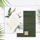 Invitación Código QR Todo En Un Boda Tropical Foliage Gold<br><div class="desc">Esta invitación de boda "todo en uno" incluye follaje tropical color agua verde, hojas de palmera y hojas de plátano con los detalles y un enlace al sitio web del código QR en la parte posterior. Es perfecto para una boda de playa, verano, Hawaii o destino. >>> Vea toda la...</div>