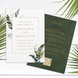 Invitación Código QR Todo En Un Boda Tropical Foliage Gold