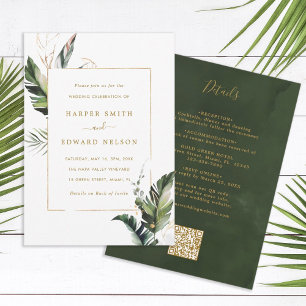 Invitación Código QR Todo En Un Boda Tropical Foliage Gold