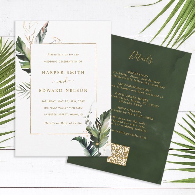 Invitación Código QR Todo En Un Boda Tropical Foliage Gold (Subido por el creador)
