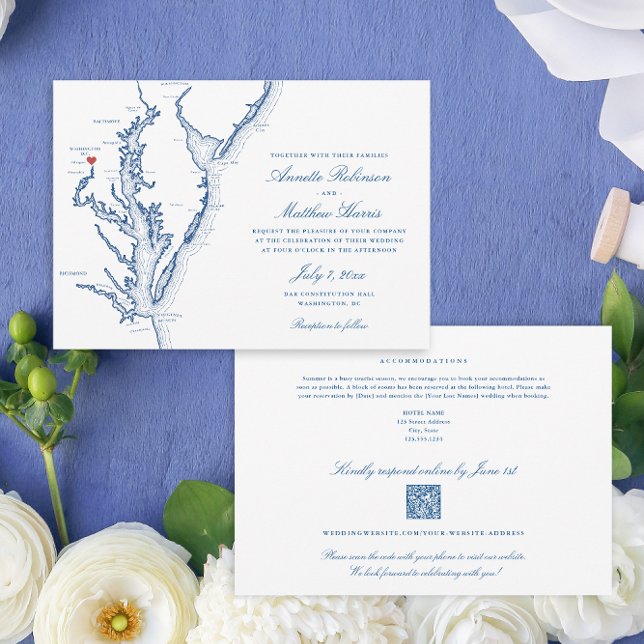 Invitación Código QR todo en uno de Washington DC Boda azul R (Washington DC All-in-One QR code Wedding invitation in elegant navy blue from Coastal Map Designs)