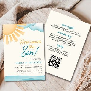 Invitación Código QR todo en uno viene el Baby Shower del hij