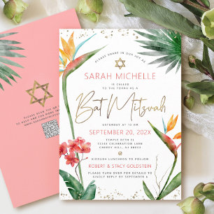Invitación Código QR Tropical Bat Mitzvah Floral Guión Dorado