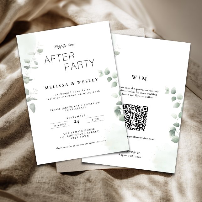 Invitación Código QR Vegetación Fiesta Felices para Siempre B (Happy ever after party wedding reception invitation with greenery eucalyptus details.)