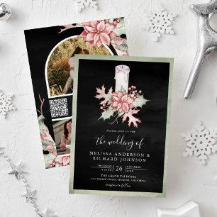 Invitación Código QR Vela de Navidad Poinsettia Boda Negra