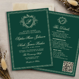 Invitación Código QR verde clásico monograma formal de boda