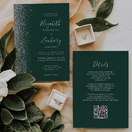 Invitación Código QR Verde Esmeralda con Brillo Plateado Boda
