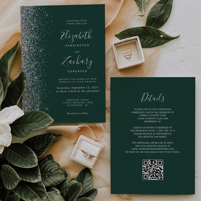 Invitación Código QR Verde Esmeralda con Brillo Plateado Boda (Subido por el creador)