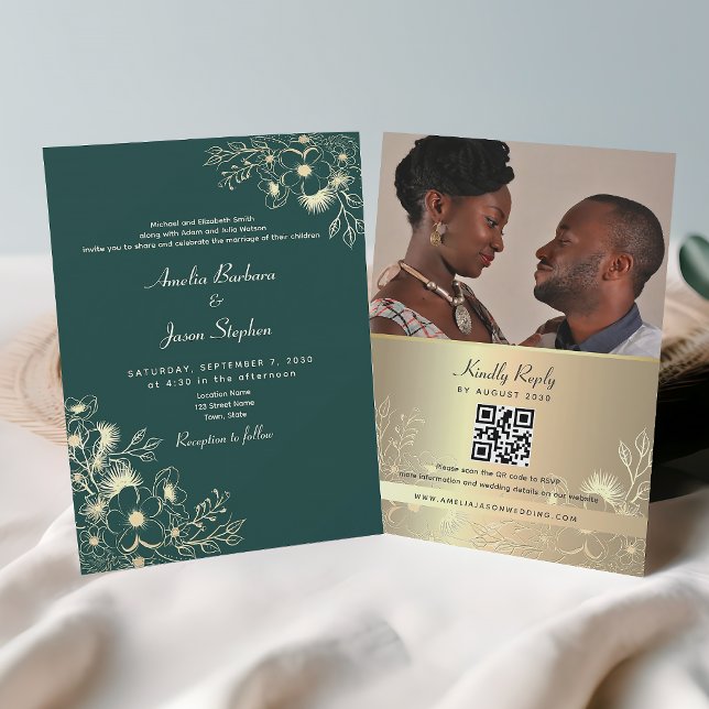 Invitación Código QR Verde Esmeralda Dorado Boda (Subido por el creador)