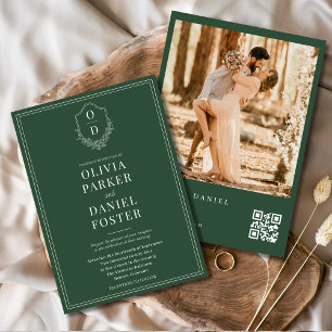 Invitación Código QR verde esmeralda elegancia Escudo Boda de