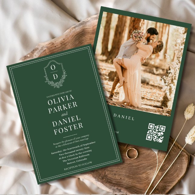 Invitación Código QR verde esmeralda elegancia Escudo Boda de (Subido por el creador)