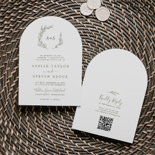 Invitación Código QR verde hoja mínima Boda de arco boho