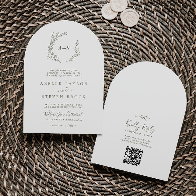 Invitación Código QR verde hoja mínima Boda de arco boho (Minimal Leaf Olive Green QR Code Boho Arch Wedding Invitation)