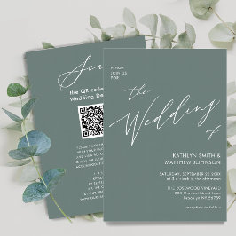 Invitación Código QR verde sabio todo en un Boda moderno