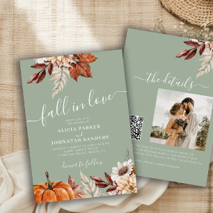 Invitación Código QR verde salvia Otoño en amor botánico boda