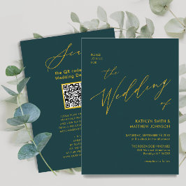 Invitación Código QR verde todo en un elegante Boda de oro