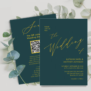 Invitación Código QR verde todo en un elegante Boda de oro