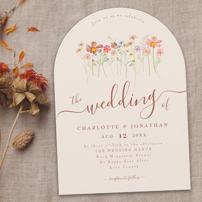 Invitación Código QR Wildflower Boho Otoño Beige Terracota Óx (Wildflower meadow boho fall floral beige terracotta Wedding arch invitation elegant modern script )