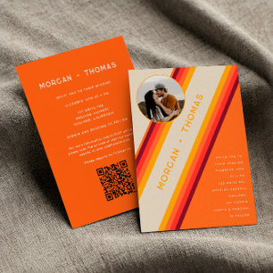 Invitación Códigos QR Bodas Rayas Naranja Quemado Retro 70s 8