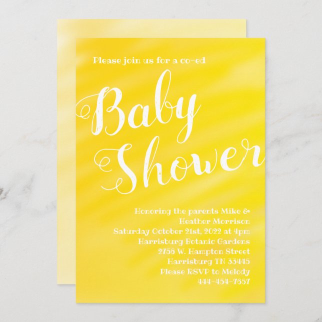 Invitación Codo neutro de género Baby Shower amarillo brillan (Anverso / Reverso)