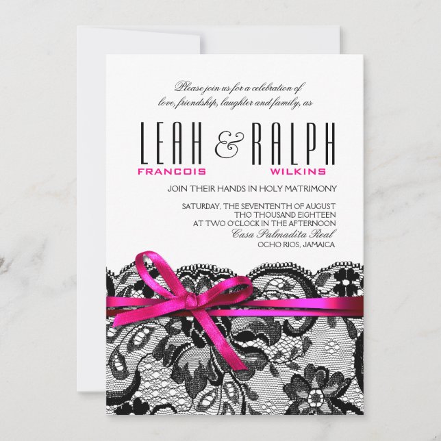 Invitación Codos y cintas de Boda de encaje | fuschia negra b (Anverso)