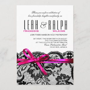 Invitación Codos y cintas de Boda de encaje   fuschia negra b