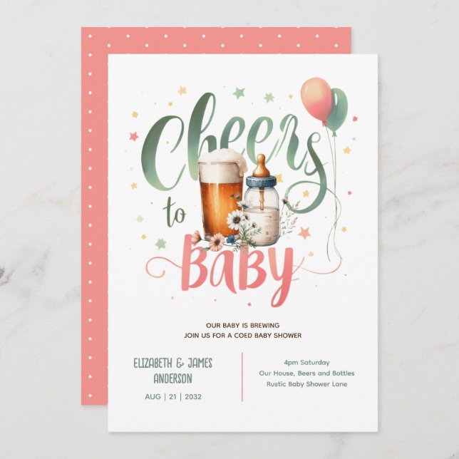 Invitación COED Baby Brewing Beers Bottles Cheers Wildflowers (Anverso / Reverso)