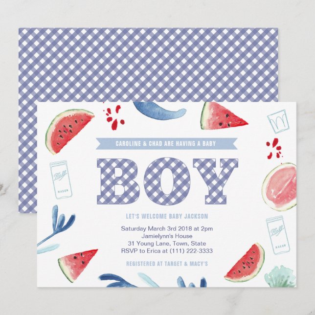 Invitación Coed Babyq BBQ Cocinar Baby Shower para Boy (Anverso / Reverso)