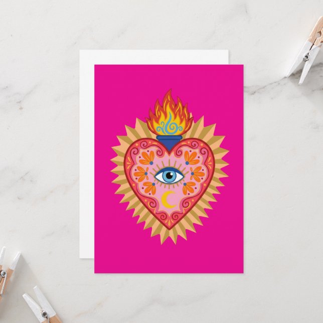 Invitación Cœur Sacré Mexicain avec Œil Protecteur et Flamme  (Anverso/Reverso In Situ)