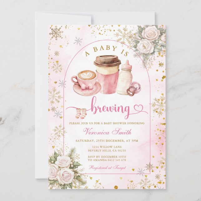 Invitación Coffee A Baby is Brewing Pink Bow Baby Shower Gold (Anverso)