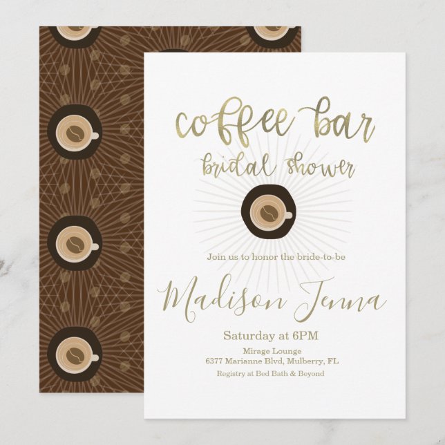 Invitación Coffee Bar Bridal Shower Gold Script (Anverso / Reverso)