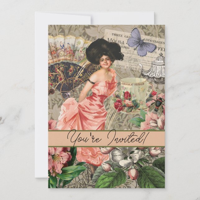 Invitación Coffee Lady Victorian Mujer Rosa Clásica (Anverso)