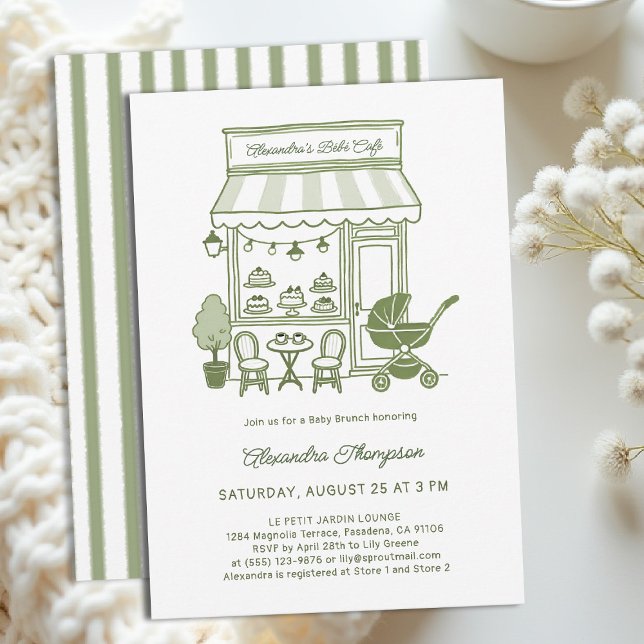Invitación Coffee Lover Bebe Brewing Brunch Green Baby Shower (baby shower brunch invitation coffee theme brewing olive green bistro hand drawn modern chic)