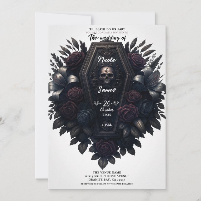 Invitación Cofre Floral de Cráneo Blanco de Boda Gótica (Anverso)
