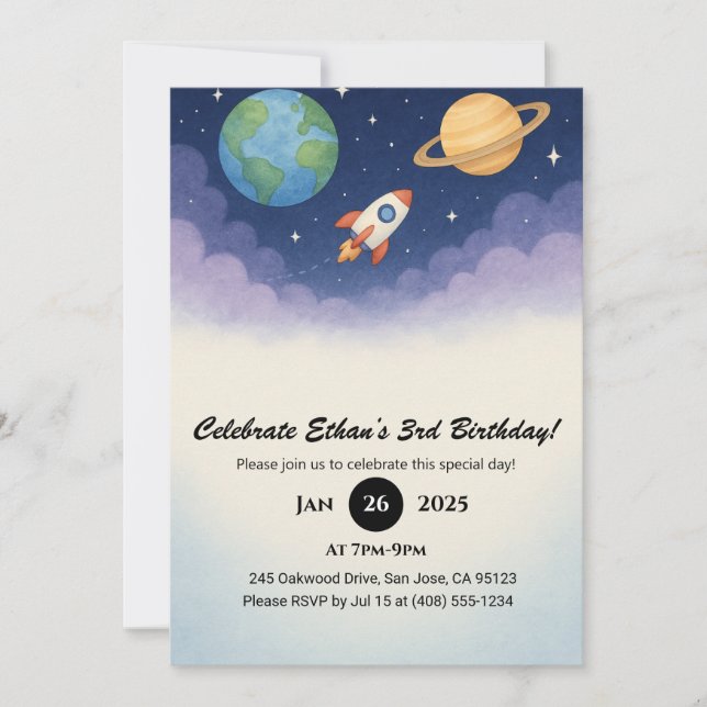 Invitación Cohete acuarela en el cumpleaños del espacio exter (Anverso)