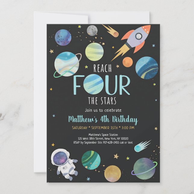 Invitación Cohete Astronauta Azul Cumpleaños Cuatro (Anverso)