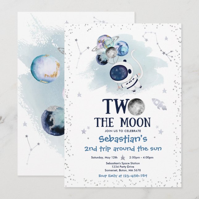Invitación cohete astronauta Fiesta de segundo cumpleaños en  (Anverso / Reverso)