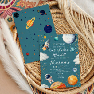 Invitación Cohete Azul Fuera de Este Mundo y Niños Astronauta