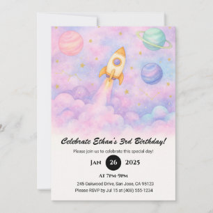 Invitación Cohete de acuarela y cumpleaños de galaxia soñador