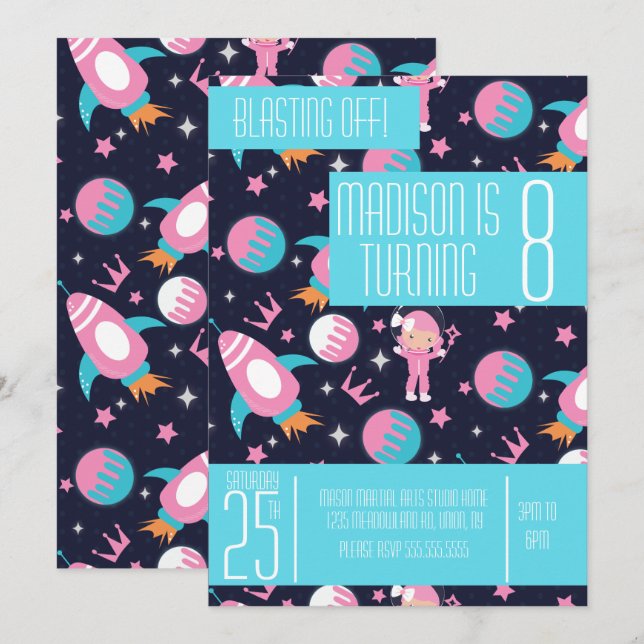 Invitación Cohete de aterrizaje de princesa cumpleaños lunar  (Anverso / Reverso)