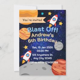 Invitación Cohete de Despegue Cumpleaños Espacial para Niños