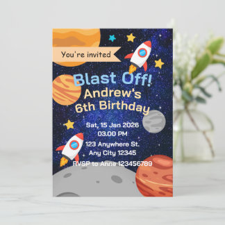 Invitación Cohete de Despegue Cumpleaños Espacial para Niños