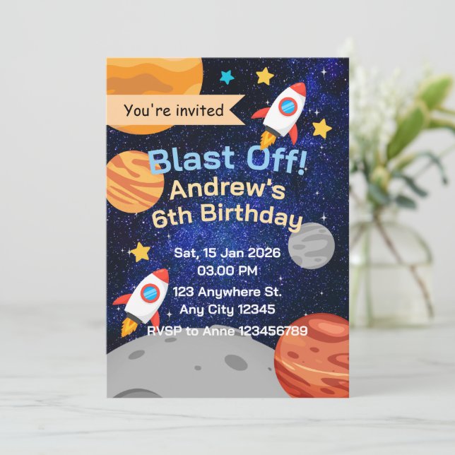 Invitación Cohete de Despegue Cumpleaños Espacial para Niños (Anverso de pie)
