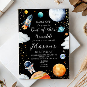 Invitación Cohete de la galaxia negra y astronauta fuera de e